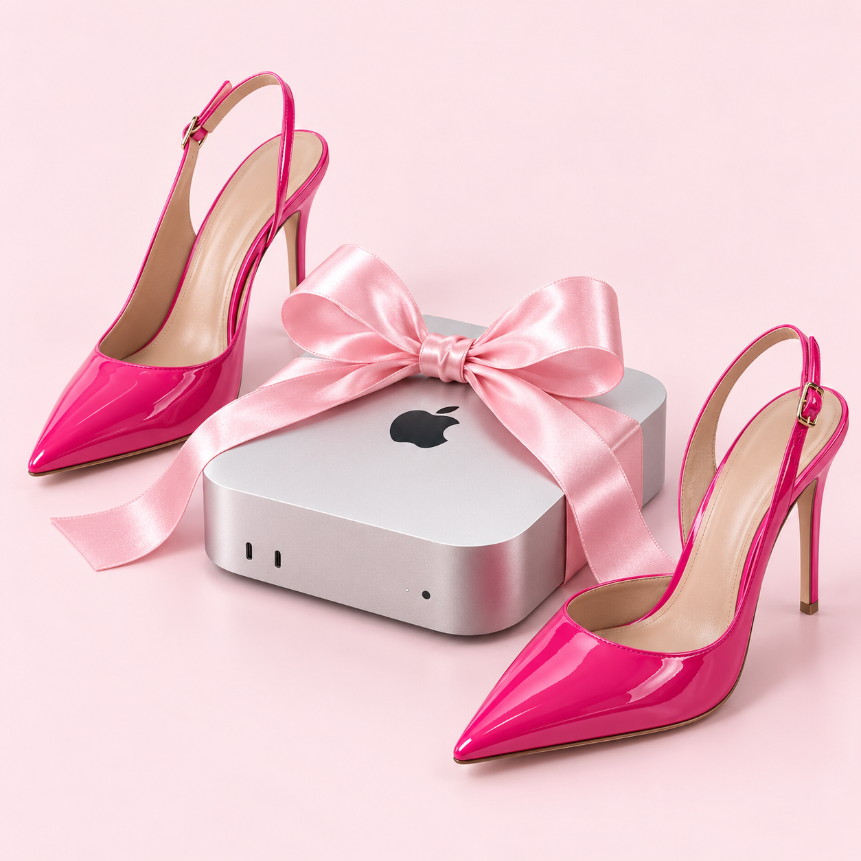 A silver Mac mini wrapped in a pink satin bow, surrounded by glossy hot-pink stiletto heels.